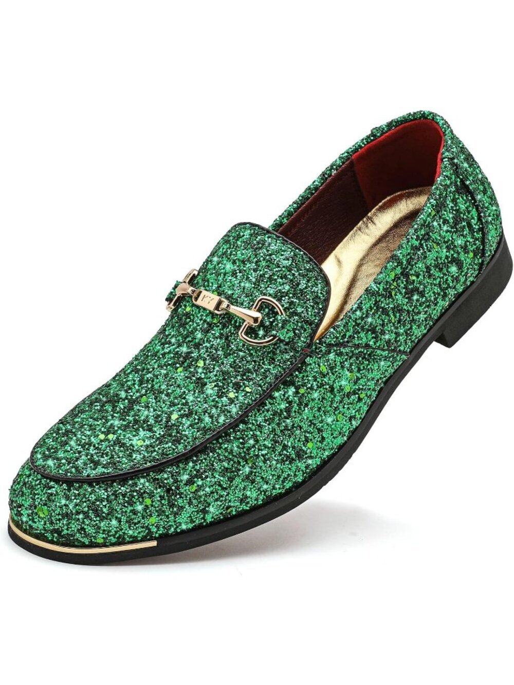 🆕 Men's Green Rubber Velvet Leather Glitter Gold Buckle Loafers Slip On Shoes